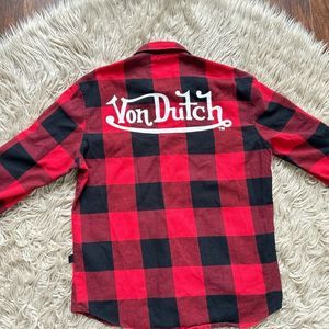 Von Dutch Red and Black Plaid Casual Button Down Shirt